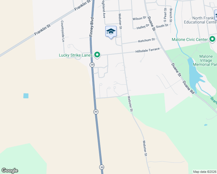 map of restaurants, bars, coffee shops, grocery stores, and more near 166 Falling Leaf Drive in Malone