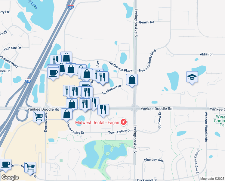 map of restaurants, bars, coffee shops, grocery stores, and more near 1170 Northwood Drive in Eagan