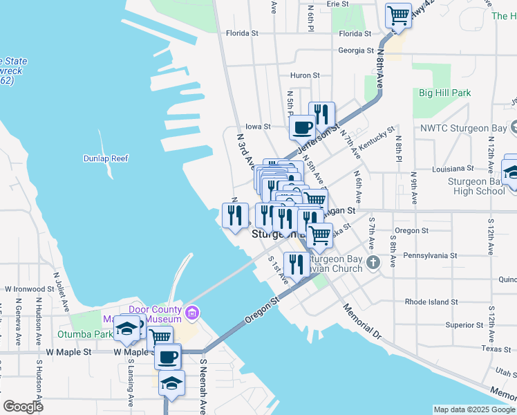 map of restaurants, bars, coffee shops, grocery stores, and more near 132 North 2nd Avenue in Sturgeon Bay