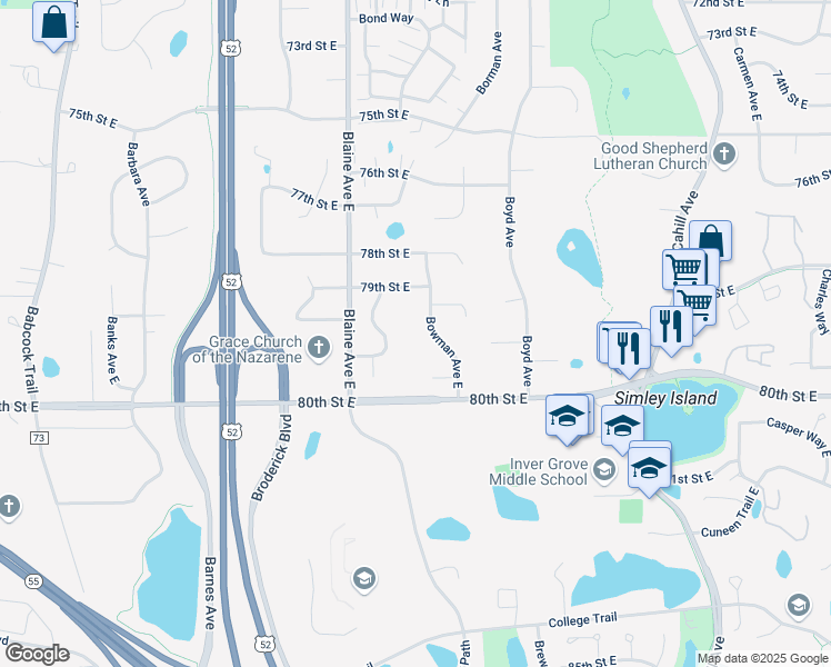 map of restaurants, bars, coffee shops, grocery stores, and more near 7941 Bowman Avenue East in Inver Grove Heights