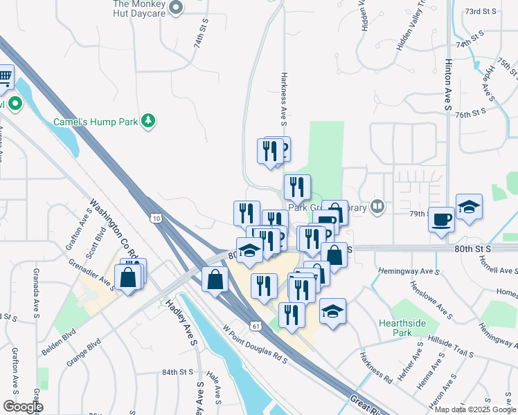 map of restaurants, bars, coffee shops, grocery stores, and more near 7990 Hardwood Avenue South in Cottage Grove