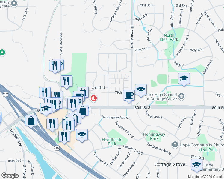 map of restaurants, bars, coffee shops, grocery stores, and more near in Cottage Grove