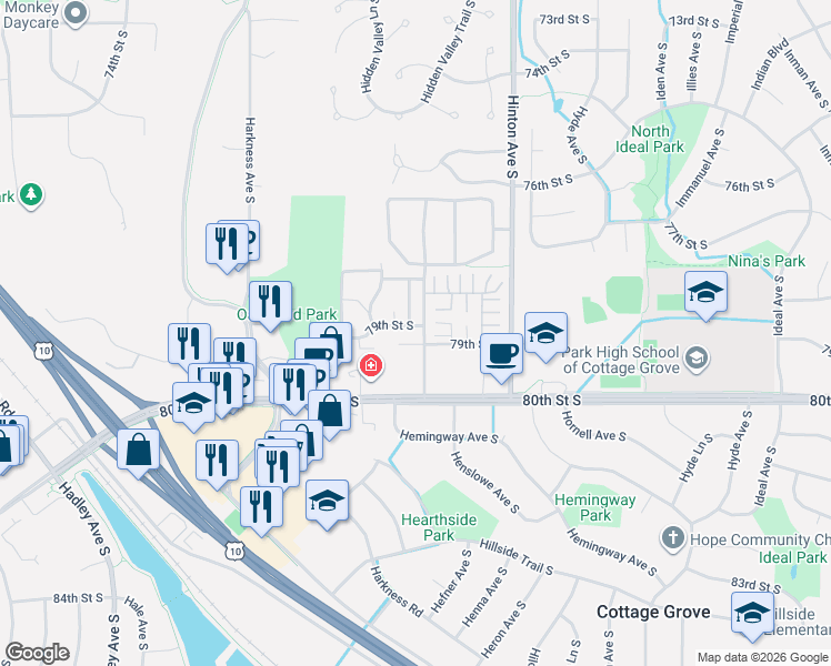 map of restaurants, bars, coffee shops, grocery stores, and more near 7900 Hemingway Avenue South in Cottage Grove