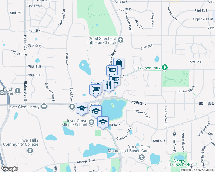map of restaurants, bars, coffee shops, grocery stores, and more near 7850 Cahill Avenue in Inver Grove Heights