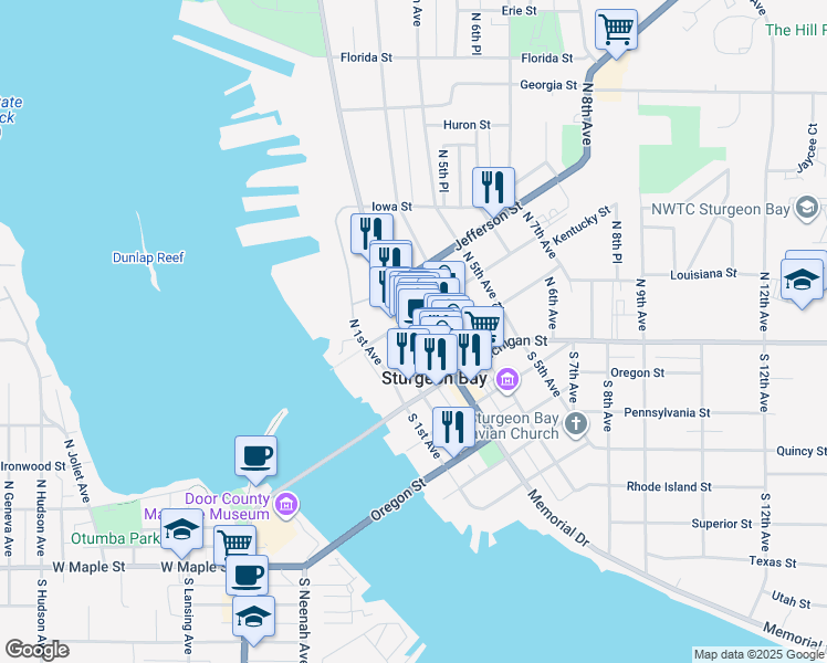 map of restaurants, bars, coffee shops, grocery stores, and more near 132 North 2nd Avenue in Sturgeon Bay