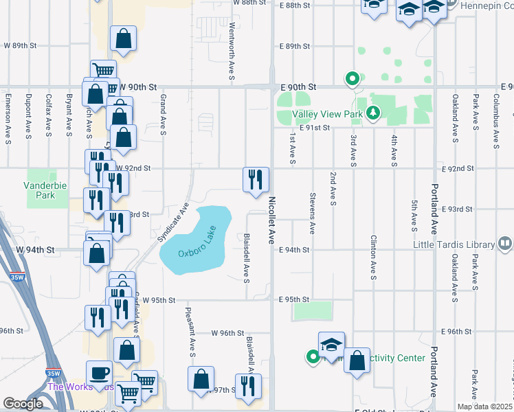 map of restaurants, bars, coffee shops, grocery stores, and more near 9304 Nicollet Avenue in Minneapolis