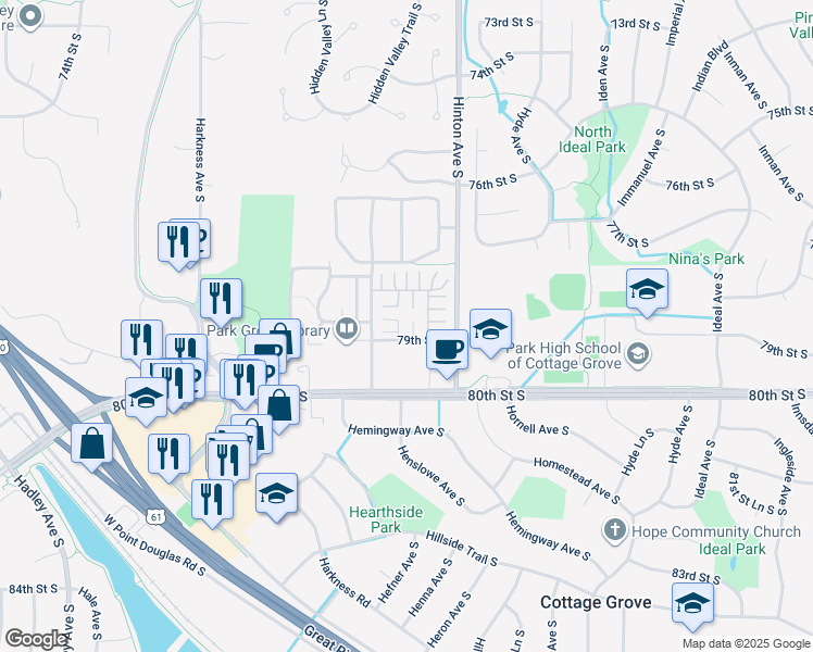 map of restaurants, bars, coffee shops, grocery stores, and more near in Cottage Grove