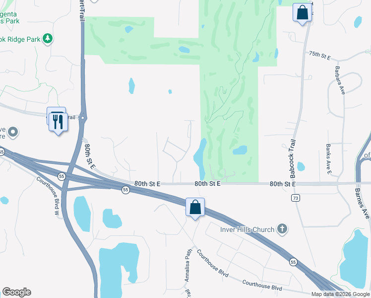 map of restaurants, bars, coffee shops, grocery stores, and more near 1407 80th Street East in Inver Grove Heights