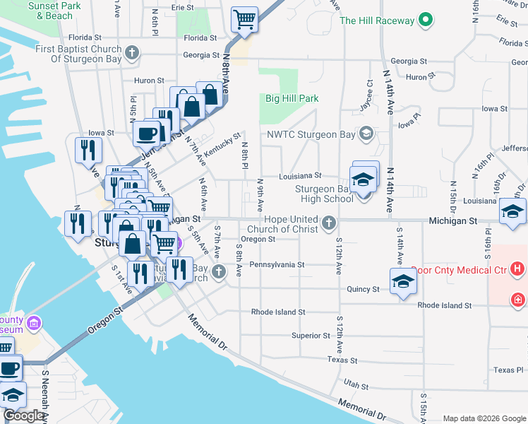 map of restaurants, bars, coffee shops, grocery stores, and more near 907 Michigan Street in Sturgeon Bay