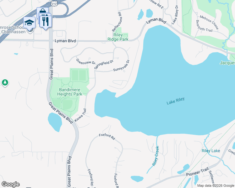 map of restaurants, bars, coffee shops, grocery stores, and more near 9235 Lake Riley Boulevard in Chanhassen