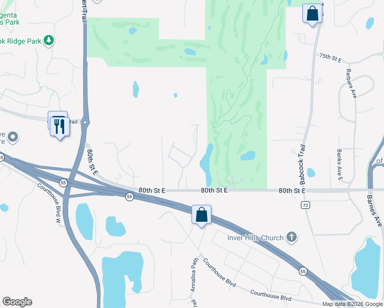 map of restaurants, bars, coffee shops, grocery stores, and more near 1407 80th Street East in Inver Grove Heights