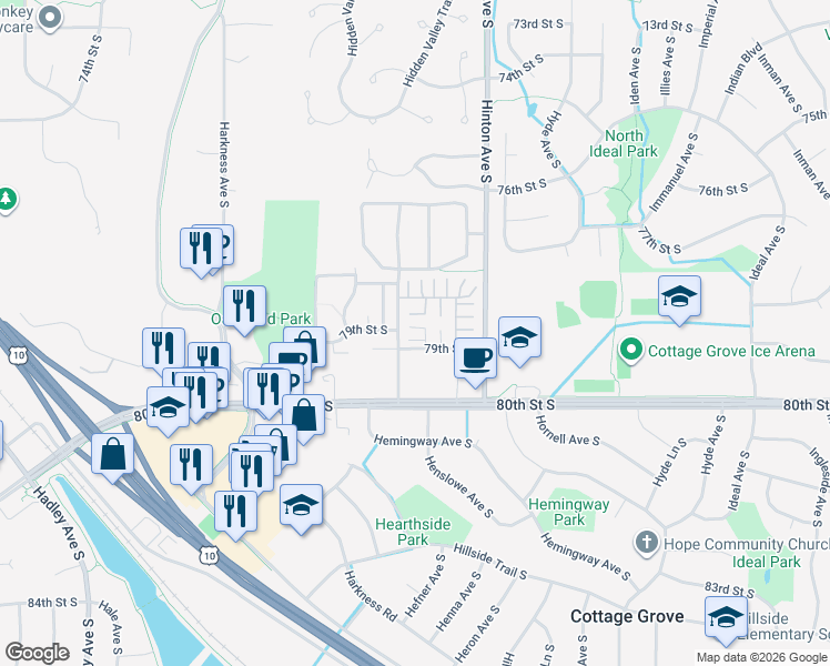 map of restaurants, bars, coffee shops, grocery stores, and more near in Cottage Grove