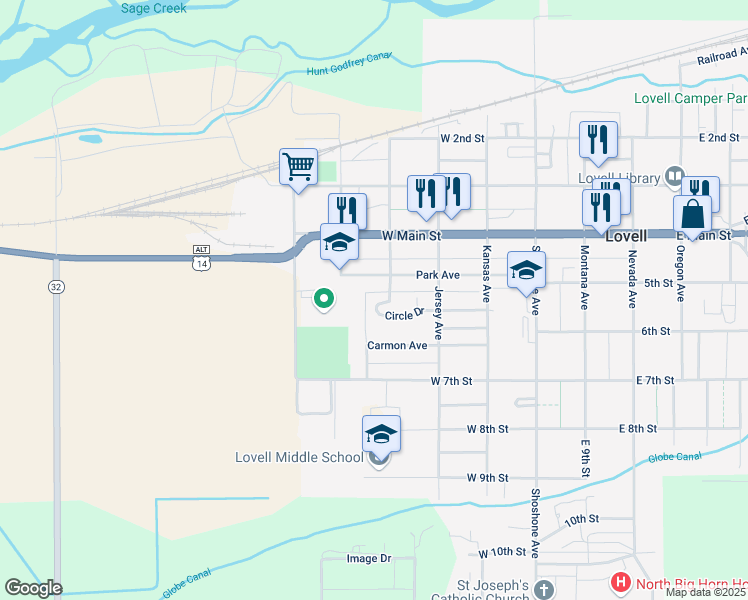 map of restaurants, bars, coffee shops, grocery stores, and more near 20 Circle Drive in Lovell