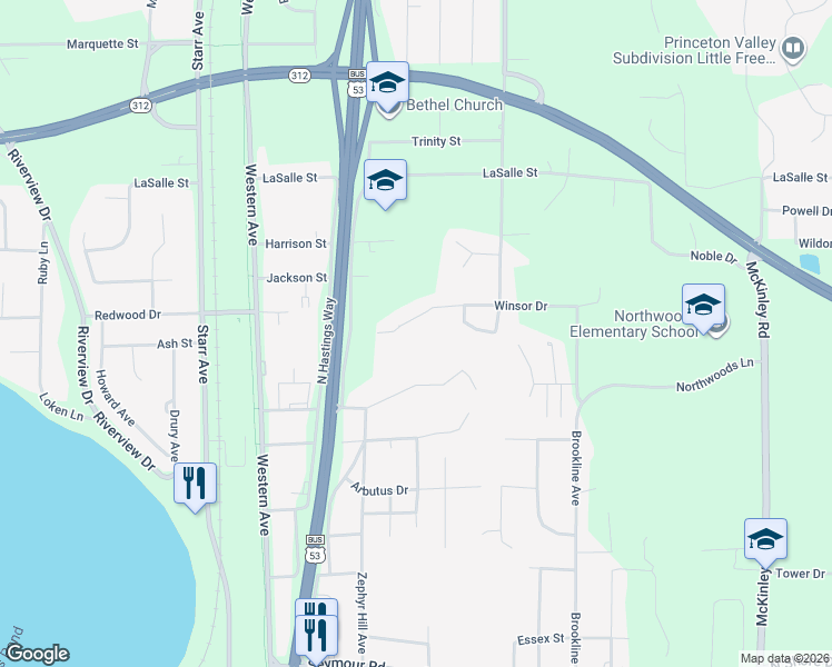 map of restaurants, bars, coffee shops, grocery stores, and more near 2823 Winsor Drive in Eau Claire