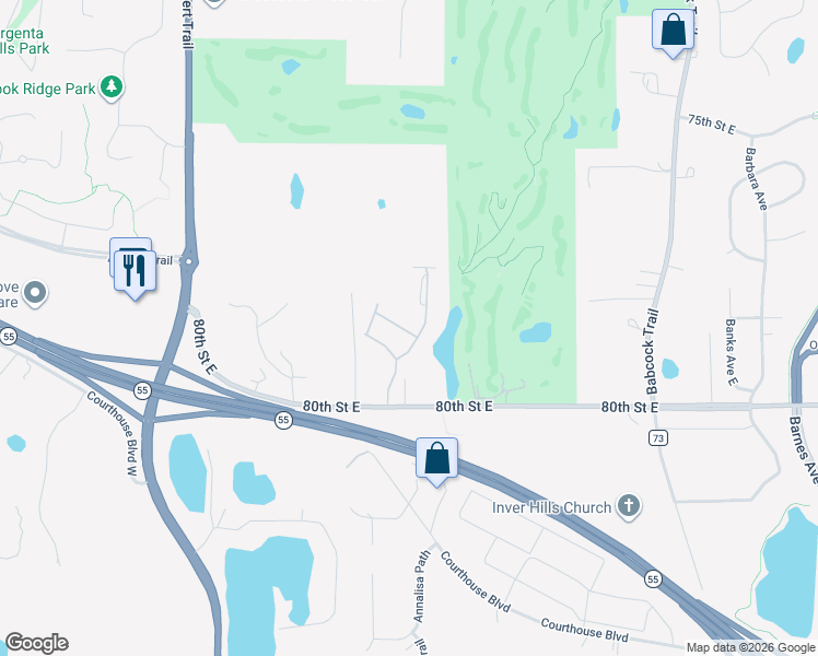 map of restaurants, bars, coffee shops, grocery stores, and more near 1407 80th Street East in Inver Grove Heights