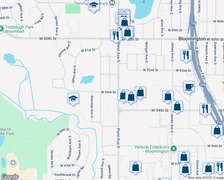 map of restaurants, bars, coffee shops, grocery stores, and more near 9300 Queen Avenue South in Minneapolis