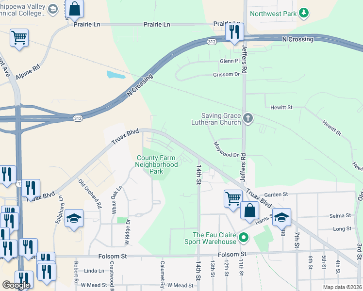 map of restaurants, bars, coffee shops, grocery stores, and more near 1405 Truax Boulevard in Eau Claire