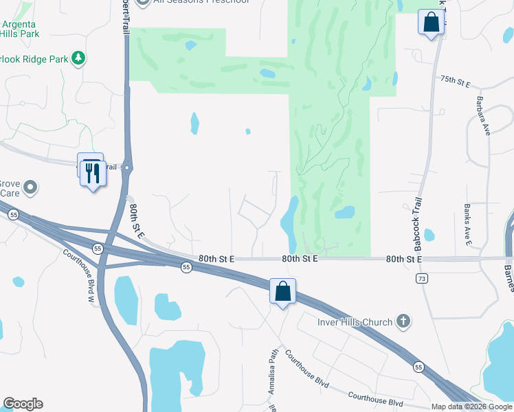 map of restaurants, bars, coffee shops, grocery stores, and more near 1407 80th Street East in Inver Grove Heights