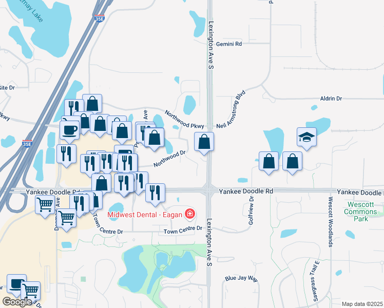 map of restaurants, bars, coffee shops, grocery stores, and more near 1150 Northwood Drive in Eagan