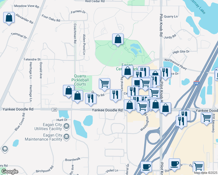 map of restaurants, bars, coffee shops, grocery stores, and more near 1555 Quarry Road in Eagan