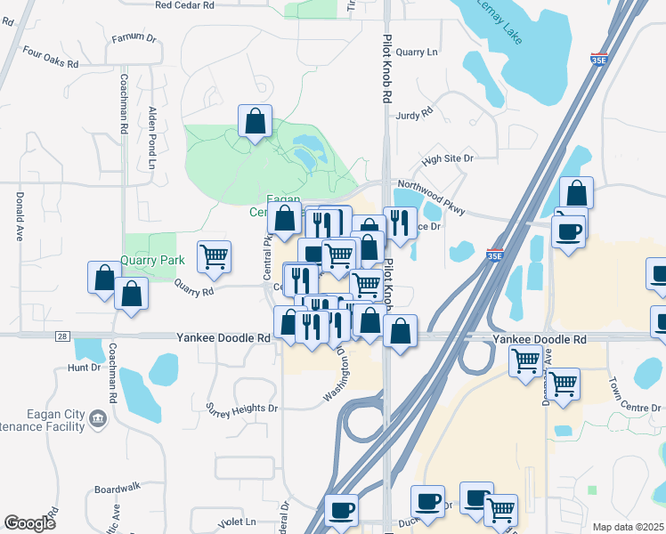 map of restaurants, bars, coffee shops, grocery stores, and more near 3333 Pilot Knob Road in Eagan