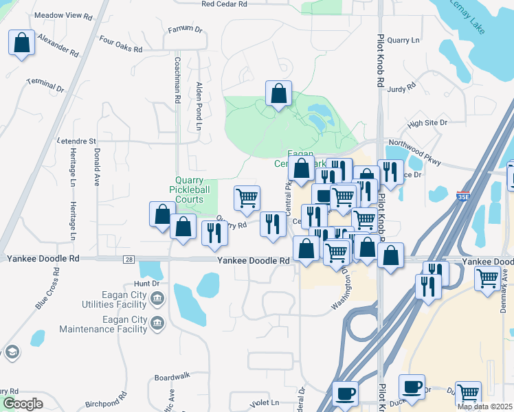 map of restaurants, bars, coffee shops, grocery stores, and more near 1555 Quarry Road in Eagan