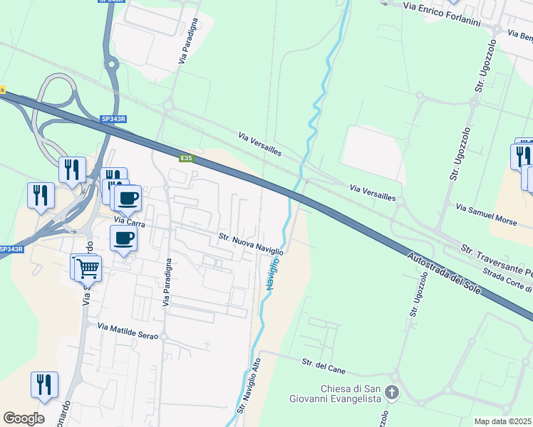 map of restaurants, bars, coffee shops, grocery stores, and more near 10a Strada Nuova Naviglio in Parma