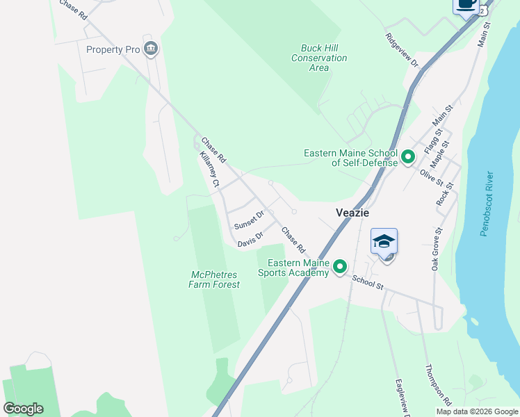 map of restaurants, bars, coffee shops, grocery stores, and more near 1134 Chase Road in Veazie