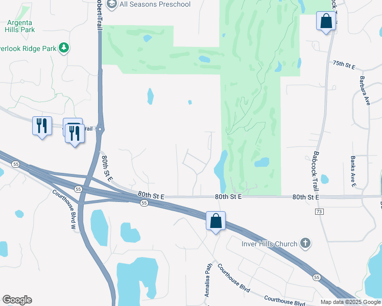 map of restaurants, bars, coffee shops, grocery stores, and more near 7801 Ava Trail in Inver Grove Heights