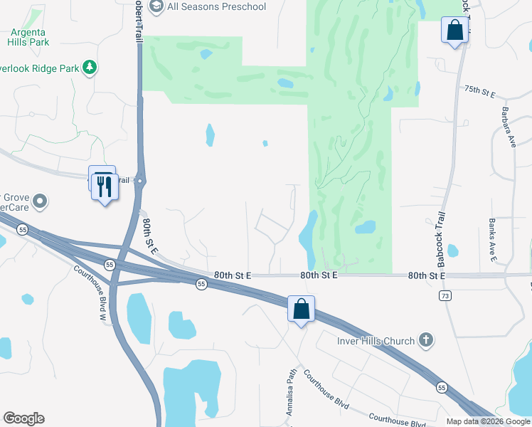 map of restaurants, bars, coffee shops, grocery stores, and more near 7801 Ava Trail in Inver Grove Heights