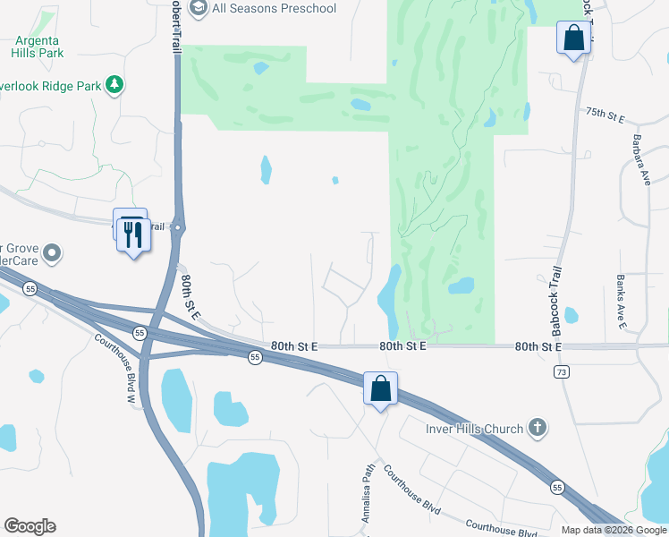map of restaurants, bars, coffee shops, grocery stores, and more near 7801 Ava Trail in Inver Grove Heights