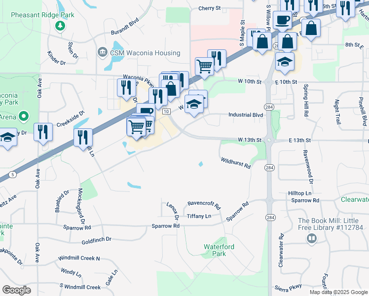 map of restaurants, bars, coffee shops, grocery stores, and more near 601 Industrial Boulevard in Waconia