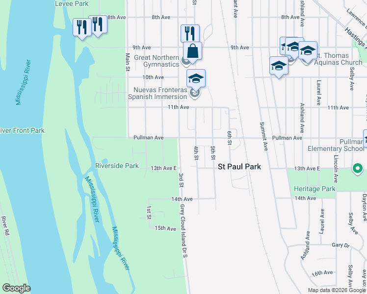 map of restaurants, bars, coffee shops, grocery stores, and more near 1208 3rd Street in Saint Paul Park