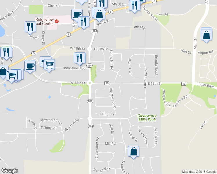 map of restaurants, bars, coffee shops, grocery stores, and more near 1320 Hunter Square in Waconia