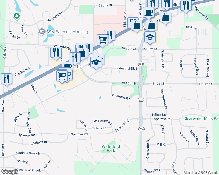 map of restaurants, bars, coffee shops, grocery stores, and more near 373 Wildhurst Road in Waconia