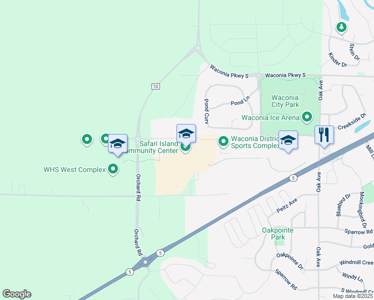 map of restaurants, bars, coffee shops, grocery stores, and more near 1650 Community Drive in Waconia