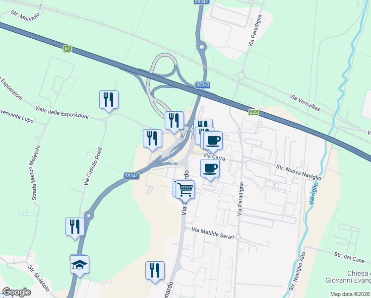 map of restaurants, bars, coffee shops, grocery stores, and more near 8 Via Nicola Morigi in Parma
