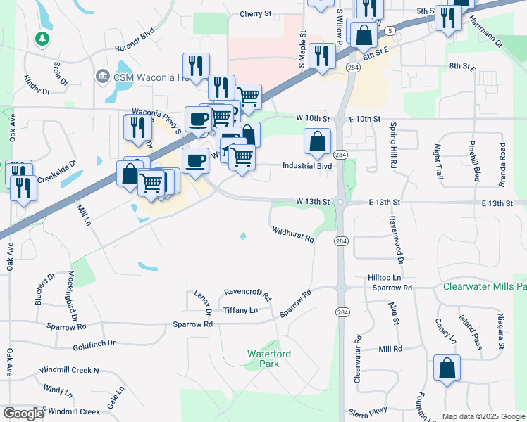 map of restaurants, bars, coffee shops, grocery stores, and more near 373 Wildhurst Road in Waconia