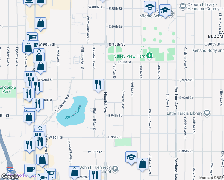 map of restaurants, bars, coffee shops, grocery stores, and more near 9223 Nicollet Avenue South in Bloomington