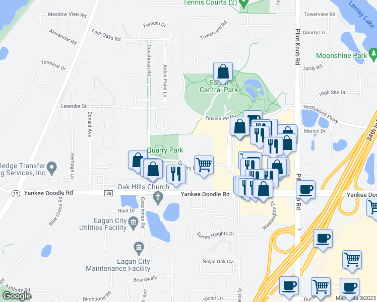 map of restaurants, bars, coffee shops, grocery stores, and more near 1565 Quarry Road in Eagan