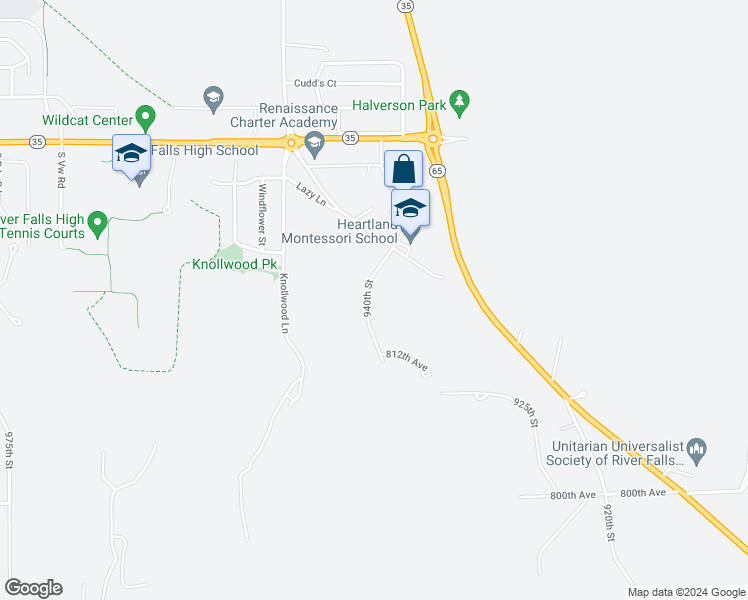 map of restaurants, bars, coffee shops, grocery stores, and more near N8187 940th Street in River Falls