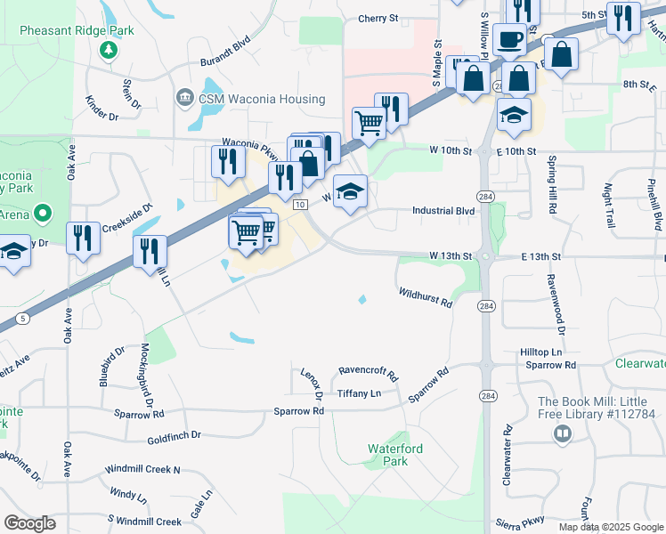 map of restaurants, bars, coffee shops, grocery stores, and more near 601 Industrial Boulevard in Waconia