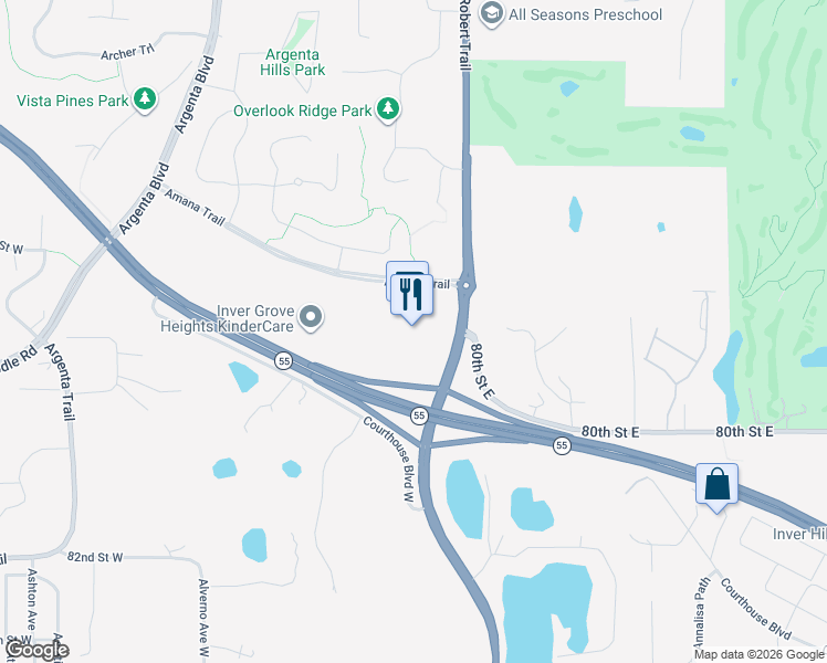 map of restaurants, bars, coffee shops, grocery stores, and more near 7841 Amana Trail in Inver Grove Heights
