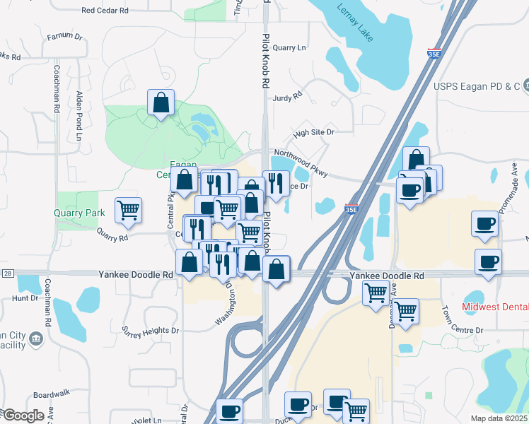 map of restaurants, bars, coffee shops, grocery stores, and more near 3333 Pilot Knob Road in Eagan