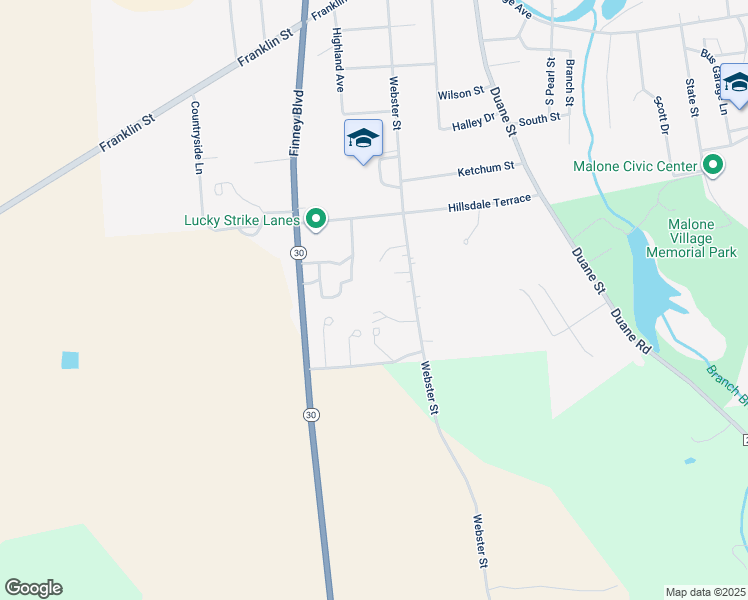 map of restaurants, bars, coffee shops, grocery stores, and more near 217 Webster Street in Malone