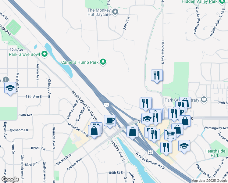 map of restaurants, bars, coffee shops, grocery stores, and more near 6961 East Point Douglas Road South in Cottage Grove