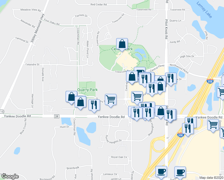 map of restaurants, bars, coffee shops, grocery stores, and more near 1555 Quarry Road in Eagan