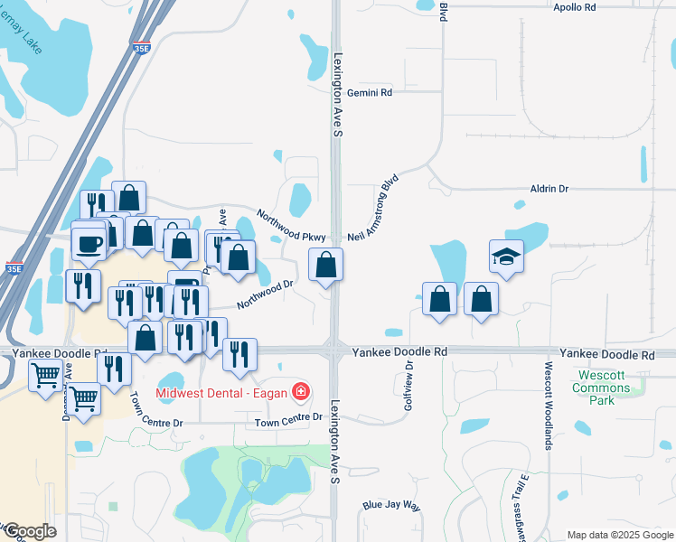 map of restaurants, bars, coffee shops, grocery stores, and more near 3308 Lexington Avenue South in Eagan