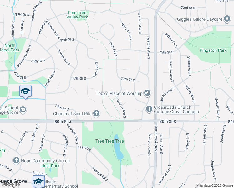 map of restaurants, bars, coffee shops, grocery stores, and more near 7843 Isleton Avenue South in Cottage Grove