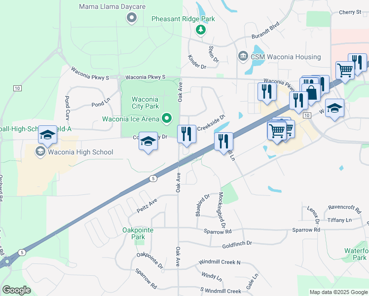 map of restaurants, bars, coffee shops, grocery stores, and more near 9341-9353 Oak Ave in Waconia